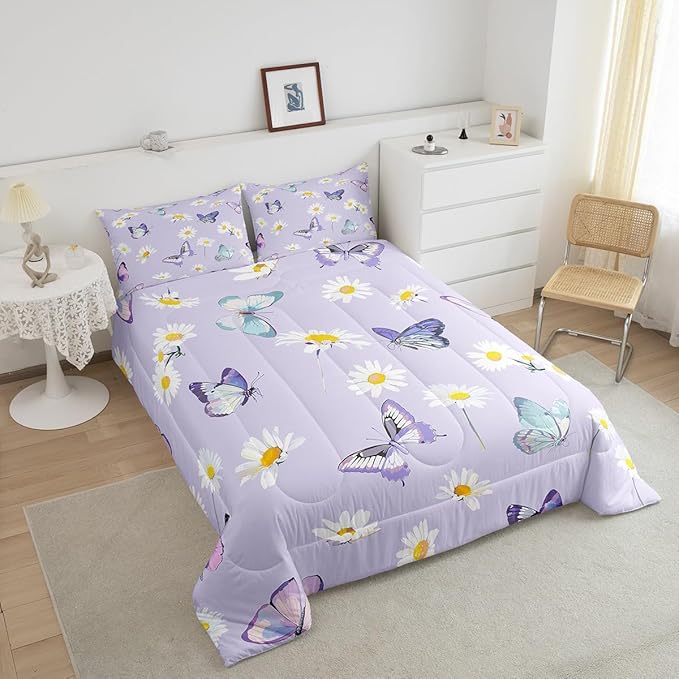 Manfei Purple Comforter Set King Size, Daisy Flower Butterfly Bedding Set 3pcs for Kids Boy Girls Room Decor, Botanical Garden Artwork Quilt Set Soft Polyester Duvet Set with 2 Pillowcases