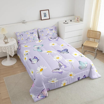 Manfei Purple Comforter Set King Size, Daisy Flower Butterfly Bedding Set 3pcs for Kids Boy Girls Room Decor, Botanical Garden Artwork Quilt Set Soft Polyester Duvet Set with 2 Pillowcases