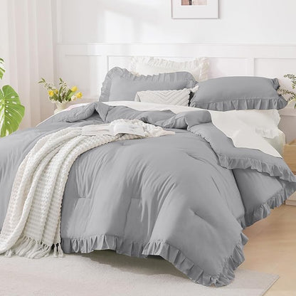 Andency Silver Gray Twin Size Comforter, 2 Pieces Farmhouse Classic Chic Ruffle Kids Comforter, Lighteweight Soft Microfiber Bedding Set for Girls