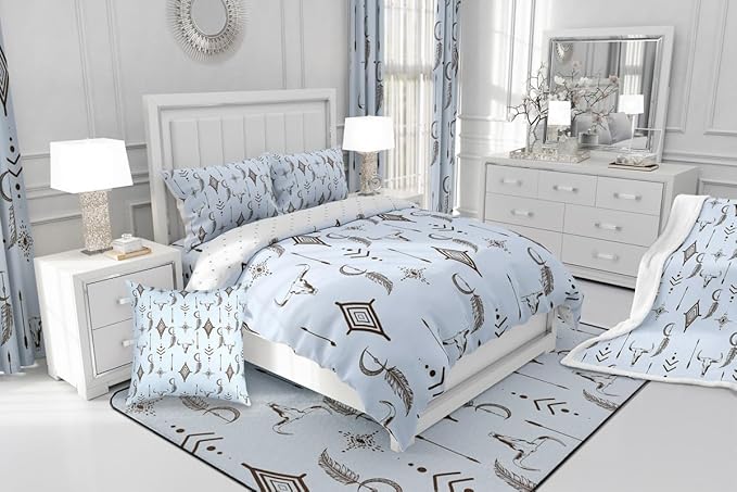Feelyou Blue Western Bull Skull Comforter Set Boho Ethnic Horns Bedding Set Twin Size for Kids Adult Tribal Symbol Mysterious Aztec Comforter