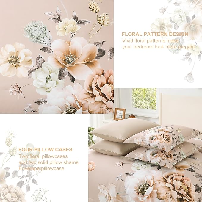 Floral Comforters Queen Size 7 Pieces Botanical Dusty Pink Flower Bed in a Bag Ulter Soft Microfiber Bedding Set, Lightweight Bed Comforter Set with Sheets for All Season (Dusty Pink, Queen)