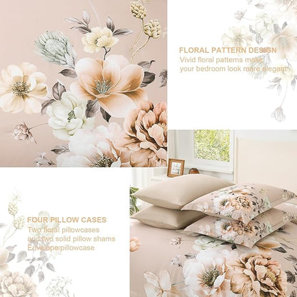 Floral Comforters Queen Size 7 Pieces Botanical Dusty Pink Flower Bed in a Bag Ulter Soft Microfiber Bedding Set, Lightweight Bed Comforter Set with Sheets for All Season (Dusty Pink, Queen)
