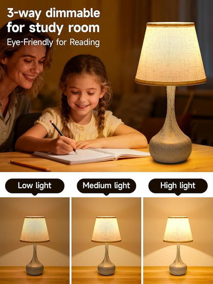 3-Way Dimmable Touch Table Lamps for Nightstand - Small Bedside Lamps with Fabric Shade in Black, Farmhouse Style Desk Lamp for Bedroom, Kids Room, Living Room, Home Office & Reading (White)