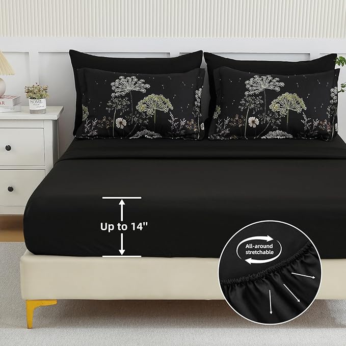 Yiran Queen Comforter Set, 7 Piece Black Dandelion Floral Comforter Bedding Set, Winter Bed in a Bag Queen, Soft Microfiber Complete Bedding Set with Sheets for All Season