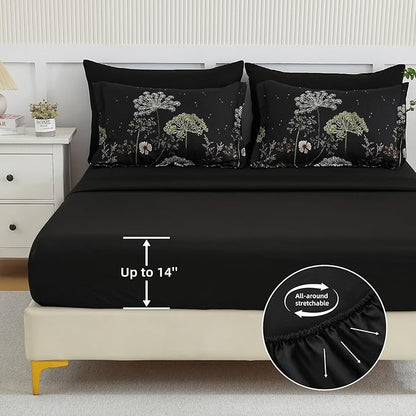 Yiran Queen Comforter Set, 7 Piece Black Dandelion Floral Comforter Bedding Set, Winter Bed in a Bag Queen, Soft Microfiber Complete Bedding Set with Sheets for All Season