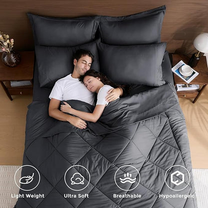 HEVUMYI California King Comforter Set - 7-Piece All Season Bed in a Bag Cali-King, Ultra Soft Bedding Set with Comforter, Flat Sheet, Fitted Sheet, Pillowcases, Pillow Shams, Dark Grey