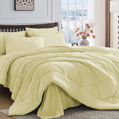 HEVUMYI Cream Yellow King Comforter Set - 7-Piece All Season Bed in a Bag King, Ultra Soft Bedding Set with Comforter, Flat Sheet, Fitted Sheet, Pillowcases, Pillow Shams