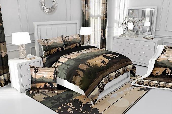 Feelyou Retro Bear Family Bedding Set Wild Animal Hunt Comforter Set for Kids Boys Girls Rustic Farmhouse Comforter Retro Cabin Quilt Set Bedroom Collection 2Pcs Twin Size