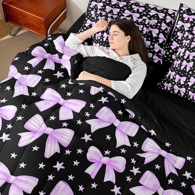 Erosebridal Bowknot Girls Kawaii Purple Black Comforter Set Queen Size 7 Pieces | Cute Bow Bed in A Bag Princess Y2K Dreamy Bed Set Starry Bedding