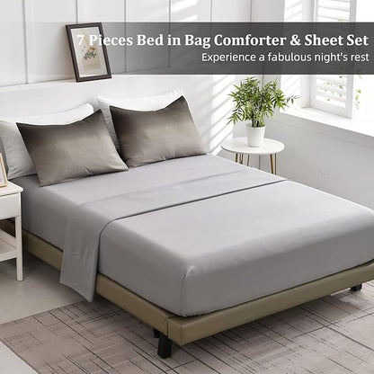 Anibedding 7 Pieces Grey Comforter Set King Size Gradient Black Gray White Bed in a Bag for King Bed - All Season Lightweight Microfiber Bedding Sets with Comforter for Women Men Teens (103" x90")
