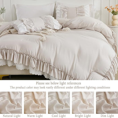 Herside Beige Ruffle Comforter Set Queen Size,Boho Shabby Chic Bedding Sets, Soft Fluffy Comforters Sets for All Season,Vintage Ruffled 3 Pcs Microfiber Lightweight Quilt Set Gift for Women Girls