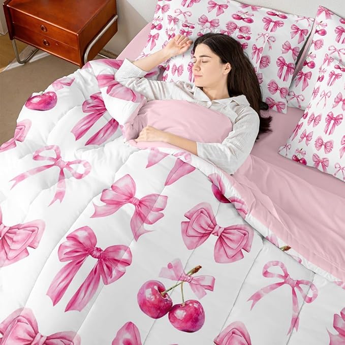 Feelyou Pink Cute Cherry Bow Comforter Set with Sheets 7 Piece Twin Size Princess Decor Bedding Set for Kids Boys Girls Pink Bow Bed in a Bag Kawaii Room Decor Soft Lightweight Microfiber