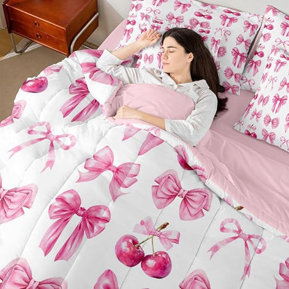 Feelyou Pink Cute Cherry Bow Comforter Set with Sheets 7 Piece Twin Size Princess Decor Bedding Set for Kids Boys Girls Pink Bow Bed in a Bag Kawaii Room Decor Soft Lightweight Microfiber