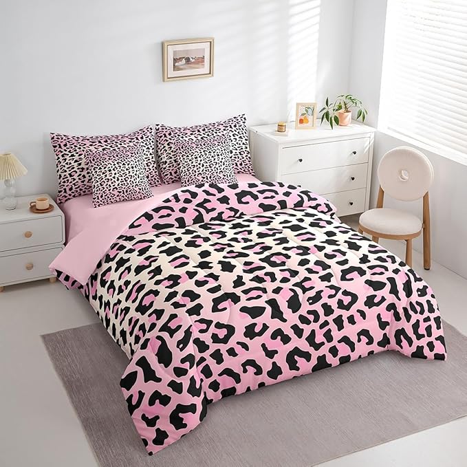 Feelyou Pink Leopard Bedding Set for All Season Cheetah 7 Pieces Comforter Sets Queen Size Teens Room Decor Animal Print Bed in a Bag with Comforter, Sheets, Pillowcases & Cushion Cover