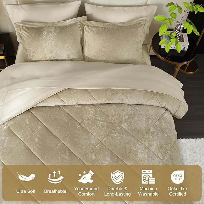 Ivellow King Comforter Set 7 Pieces Bed in a Bag Crushed Velvet Comforter Set Flannel King Beige Comforter Ultra Soft Breathable Luxury Soft Warm Winter Bedding Set with Sheets, Pillowcases & Shams