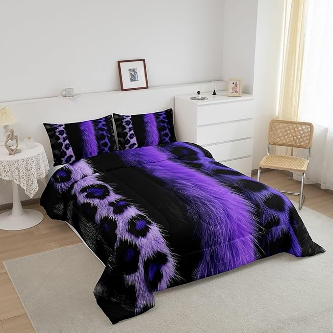jejeloiu 3D Purple Leopard Bedding Set King Size Adult Leopard Comforter Set for Boys Girls Animal Print Duvet Set Wild Animal Fur Quilt Set 3Pcs