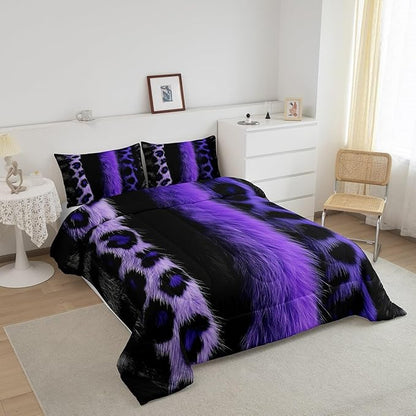 jejeloiu 3D Purple Leopard Bedding Set King Size Adult Leopard Comforter Set for Boys Girls Animal Print Duvet Set Wild Animal Fur Quilt Set 3Pcs