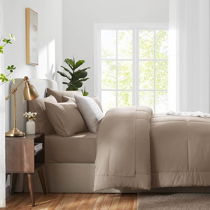 CozyLux King Size Comforter Set Khaki, 7 Pieces Bed in a Bag, Khaki Comforter King Size, All Season Bedding Sets with Stitch Quilted Comforter, Flat Sheet, Fitted Sheet, Pillowcases