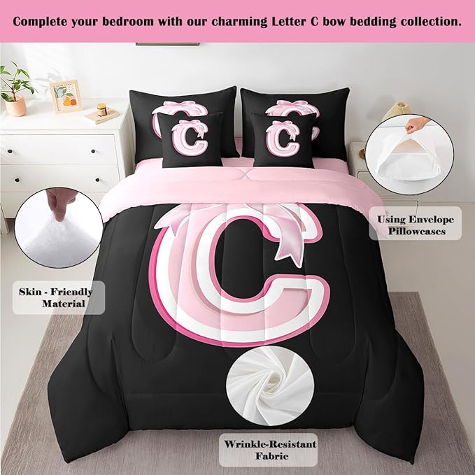 jejeloiu Kids Girls Black Pink Bow Comforter Set with Sheets Full Size Monogrammed 7 Piece Bedding Set Personalized Initial C Bed in a Bag with Comforter,Sheets,Pillowcases Modern Fashion Bed Set