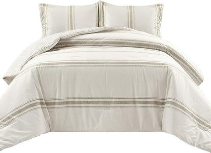 Lush Decor Farmhouse Stripe Reversible Cotton Comforter Set, 3 Piece Set, King, Neutral - Cozy Farmhouse Bedding Set - Rustic Decor - Striped Comforter - Modern Farmhouse Bedroom Decor
