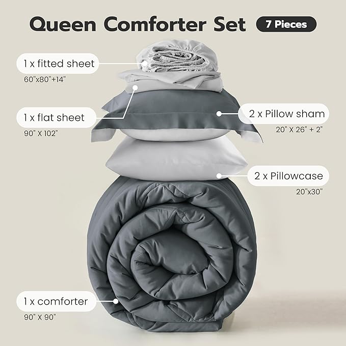 Joiedomi Queen Comforter Set with Sheets Dark Grey, 7 Pieces Queen Bed Set with 1 Down Alternative Comforter, 1 Flat Sheet, 1 Fitted Sheet, 2 Pillowcases and 2 Pillow Shams, Bed in a Bag All Seasons