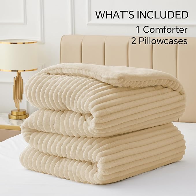 BEDELITE Fleece King Comforter Set -Super Soft & Warm Fluffy Beige Bedding, Luxury Fuzzy Heavy Bed Set for Winter with 2 Pillow Cases