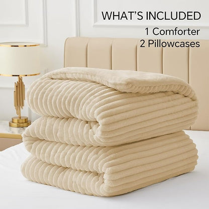 BEDELITE Fleece King Comforter Set -Super Soft & Warm Fluffy Beige Bedding, Luxury Fuzzy Heavy Bed Set for Winter with 2 Pillow Cases