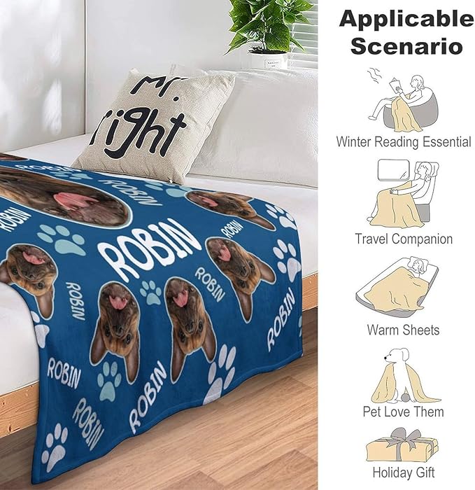 Custom Paw Prints Pet Name Blanket Personalized Dog Memory Blankets with Photos Customized Puppy Blanket for Large Medium Small Dog, Dog Gift for Dog Lovers Mom Dad Cute Dog Cat