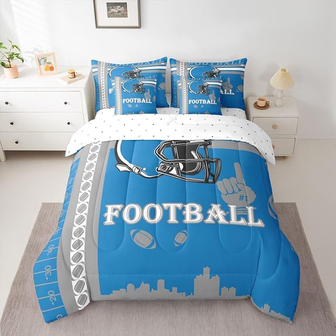 Feelyou Football 7 Pieces Comforter Sets King Size Rugby Sports Bedding Set Sports Theme Bed in a Bag with Comforter, Sheets, Pillowcases & Cushion Cover