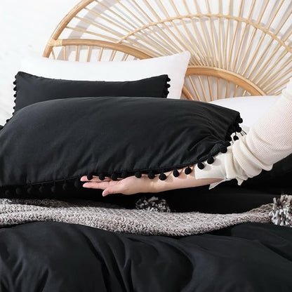 YIRDDEO Queen Comforter Set - Comforter Queen Size Sets with Ball Pom Fringe, Soft Bedding Set for All Seasons - 3 Pieces, 1 Comforter (90"x90") & 2 Pillow Shams (20"x26"), Black