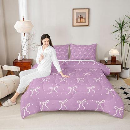 Erosebridal Ribbon Bow Comforter Queen Size Coquette Bowknot Comforter Set Cute Kawaii Preppy Bows Bedding Set for Teen Girls Kids Women Dreamy Princess Purple Aesthetic Quilt Duvet