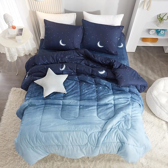 HYPREST Twin Comforter Set for Girls Boys,Star Moon Galaxy Soft Cute Twin Bed Comforter Sets, 2 Pieces Kids Teens Blue Lightweight Comforter Cooling Breathable (Oeko-Tex Certified)