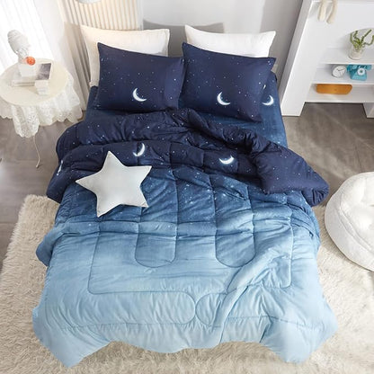 HYPREST Twin Comforter Set for Girls Boys,Star Moon Galaxy Soft Cute Twin Bed Comforter Sets, 2 Pieces Kids Teens Blue Lightweight Comforter Cooling Breathable (Oeko-Tex Certified)