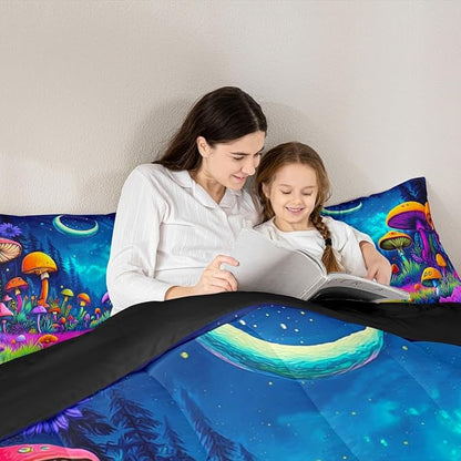 Mushroom Kids Comforter Set Twin Size,Star Moonlight Galaxy Magical Bedding Set for Boys Girls Room Decor,Mysterious Plant Quilt Comforter,Colorful Duvet Set Bedroom Quilt Set,1 Pillowcase