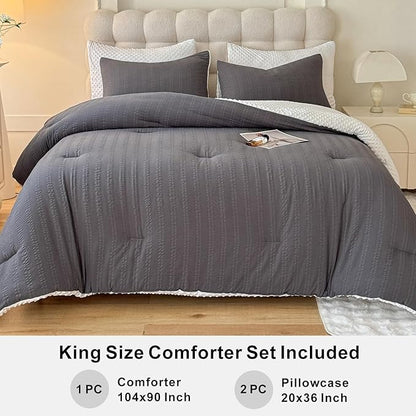 Boho Comforter Set King Size Striped Pleats Bohemian Seersucker Bedding Set All Season Soft Cozy 3 Pieces Quilt with 2 Pillowcases(104"X90" Dark Grey)