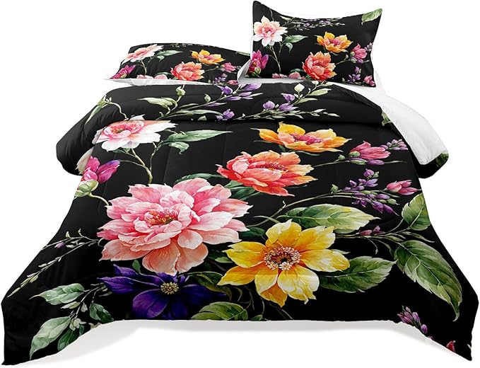 Raphus cucullatus Dark Botanical Bedding King Comforter Sets, Black and Pink, King Boho Floral Bed Set