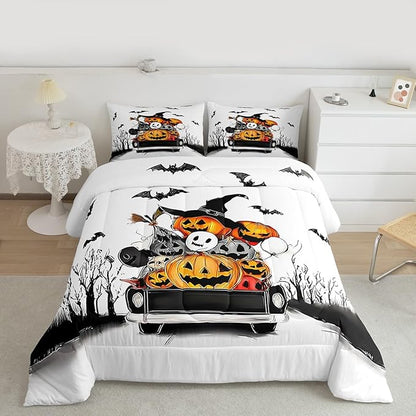 Erosebridal Halloween Decorations Comforter Set, Halloween Pumpkin Bedding Set Queen for Kids Boys Teens Men Gothic Room Decor, Fall Pumpkin Comforter, Black Bat Ghost Orange White Black Quilt