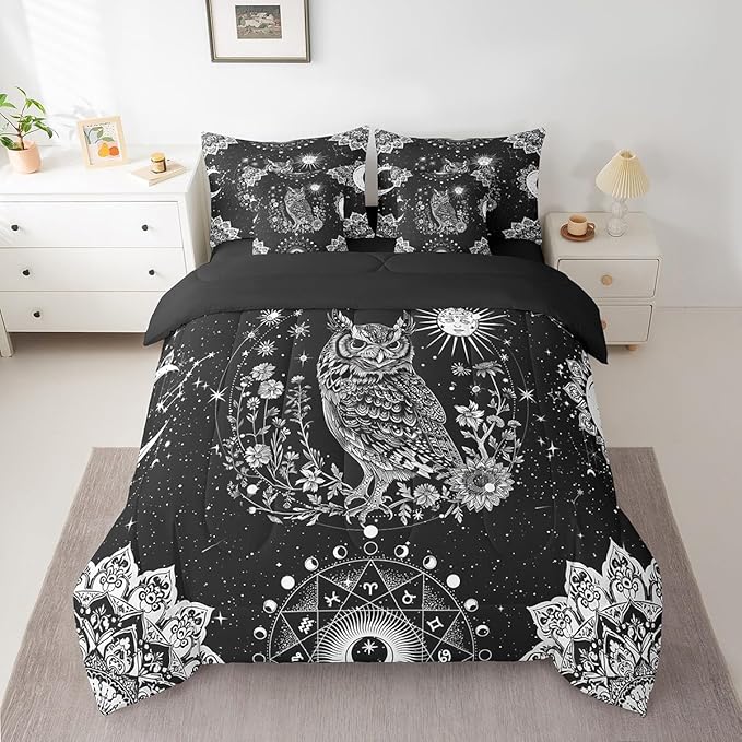 Feelyou Sun Moon Owl Bed in a Bag with Comforter, Twin Size 7Pcs 3D Animal Printed Bedding Set with Comforter, Women Men Ultra Soft Bird Decor Comforter Cartoon Owls Room Decor
