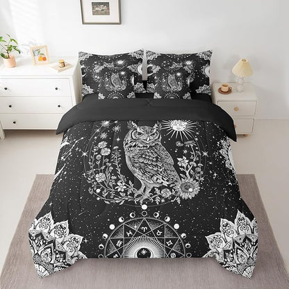 Feelyou Sun Moon Owl Bed in a Bag with Comforter, Twin Size 7Pcs 3D Animal Printed Bedding Set with Comforter, Women Men Ultra Soft Bird Decor Comforter Cartoon Owls Room Decor