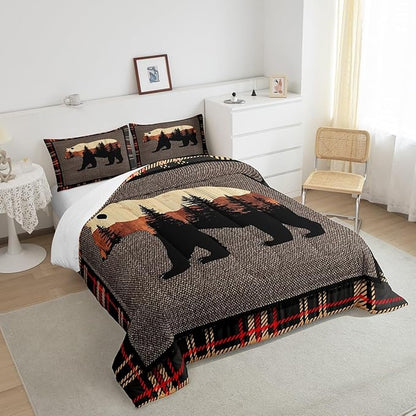 Erosebridal Hunting Bear Comforter Set Queen,Rustic Farmhouse Bedding Comforter Set,Buffalo Plaid Grid Bedding Set for Boys Girls,Kids Woodland Wild Animals Duvet Set Cabin Lodge Decor,Orange Grey