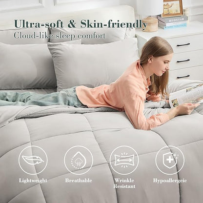 EMME Queen Comforter Set - 7 Piece, Ultra Soft Grey Bedding Sets, Bed in a Bag Queen, All Season Brushed Bed Set with 1 Comforter, 1 Flat Sheet, 1 Fitted Sheet, 2 Pillowcases and 2 Pillow Shams