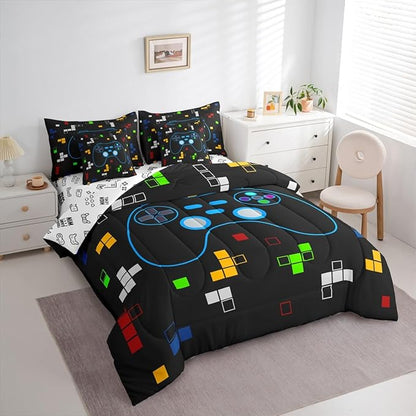 Cartoon Gamepad 7Pcs Comforter Set Queen Size,Miner Video Games Bedding Set,Kids Boys Girls Room Decor,Colorful Pixelated Geometric Bed in a Bag Black Reversible Gamer Flat Fitted Sheet,2 Pillowcases