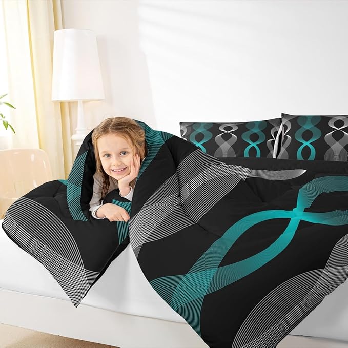 Erosebridal Teal and Black Full Bedding Set for Men, Teal Striped Boho Abstract Comforter Set for Boys Adults, Contemporary Aesthetic Line Comforter, Modern Gradient Geometric Stripes Quilt