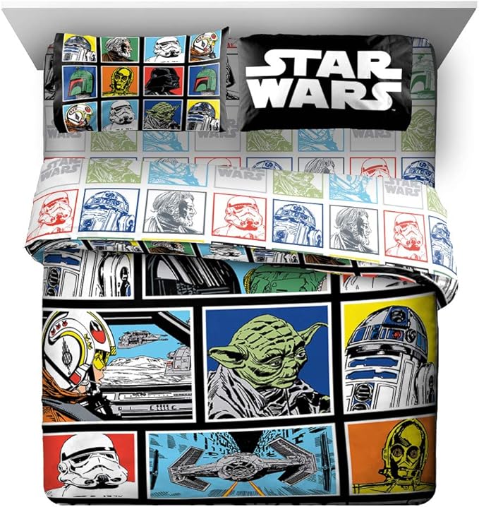Jay Franco Star Wars Classic Grid 5 Piece Queen Bed Set - Includes Reversible Comforter & Sheet Set - Bedding Features Luke Skywalker - Super Soft Fade Resistant Microfiber