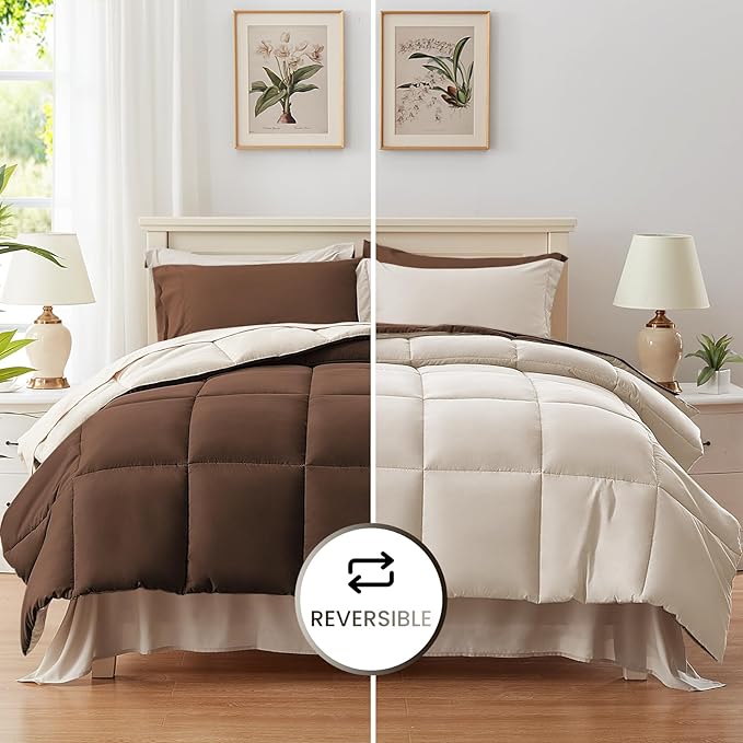 Anluoer Twin Comforter Set,Brown&Beige Bed in a Bag 5 Piece,Lightweight Bedding Set with Soft Down Alternative Fill,Bed Set Includes Comforter, Fitted Sheet, Flat Sheet,Pillowcase and Sham
