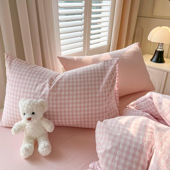 mixinni Light Pink Gingham Comforter Set Queen - 3 Piece Plaid Bedding Set, All-Season Soft Washed Cotton, Farmhouse Grid Pattern, Includes 1 Comforter & 2 Pillow Shams for Women Men