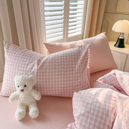 mixinni Light Pink Gingham Comforter Set King - 3 Piece Plaid Bedding Set, All-Season Soft Washed Cotton, Farmhouse Grid Pattern, Includes 1 Comforter & 2 Pillow Shams for Women Men