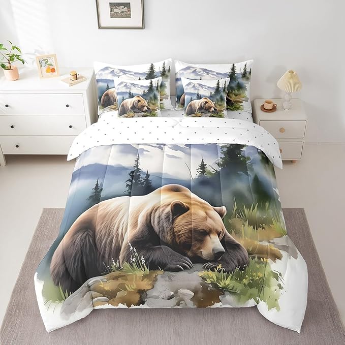 7Pcs Rustic Bear Print Comforter Set With Sheets, Twin Size Funny Brown Bear Bedding Bed In A Bag, Farmhouse Cabin Bed Set For Boys Kids Teens Watercolor Country Style Wild Animal Comforter