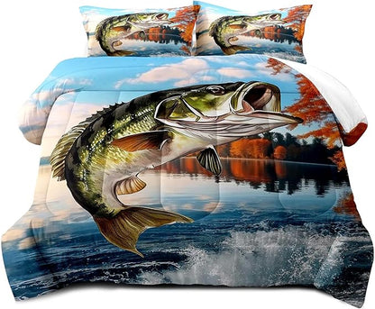 LUVIVIHOME 2PCS Fishing Comforter Set Twin Size, Bass Fish Bedding for Kids Teens Boys, Lake Forest Wildlife Animal Country Rustic Farmhouse Hunting Bedroom Decor, Soft Microfiber Quilt, 1 Pillow Sham