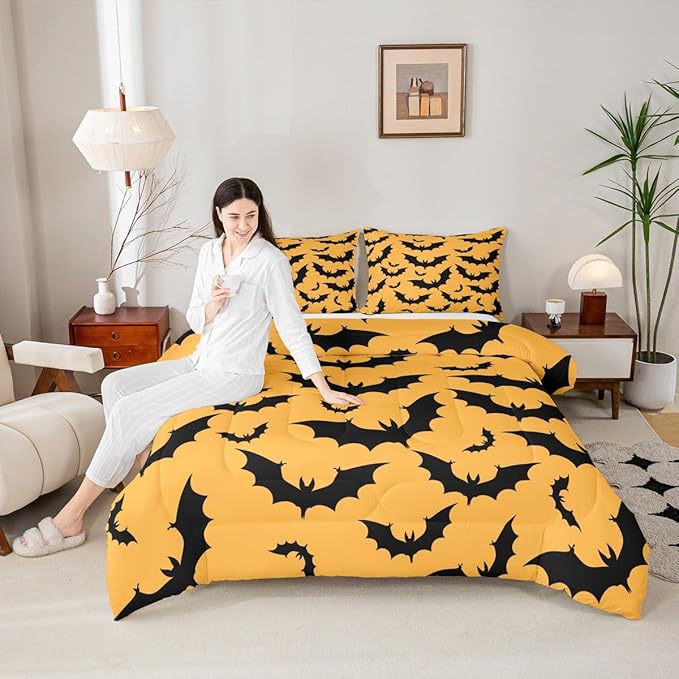 Erosebridal Halloween Bat Queen Comforter Set Gothic Orange Bat Bedding Set Spooky Goth Animal Bed Set Horror Halloween Quilt Set for Kids Teens Adults